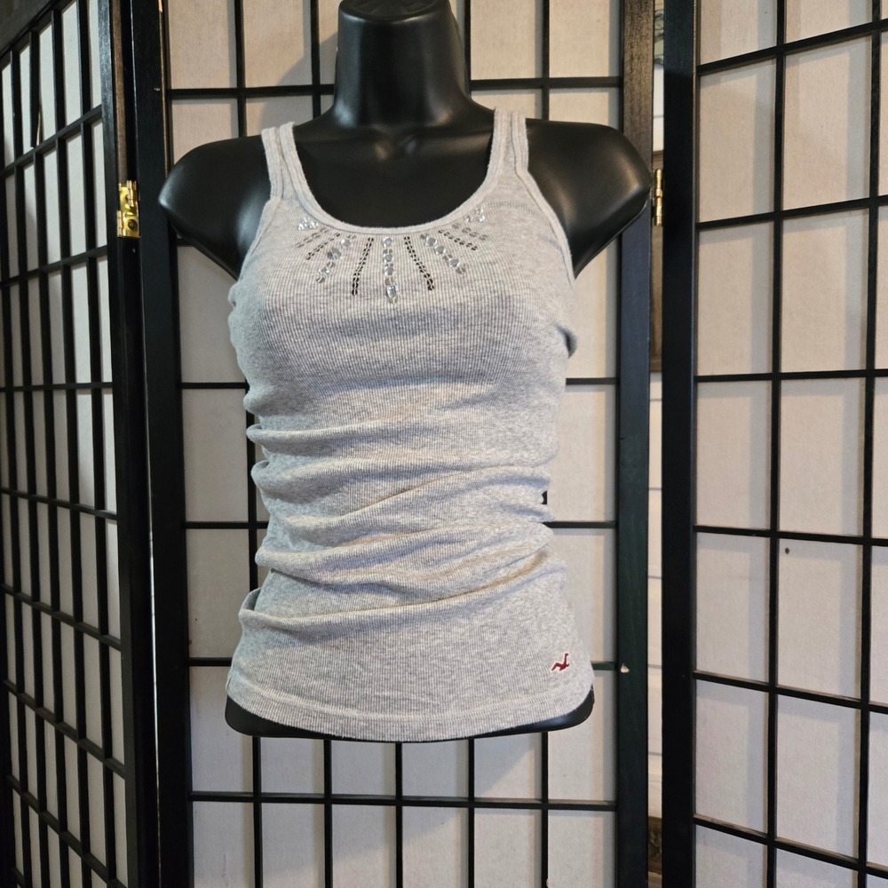 Hollister SoCal Stretch Ribbed Tank Top Gray Sequin Embellished Racerback Small - Picture 3 of 10